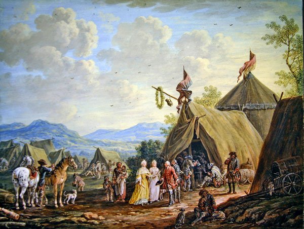Besøg i en militærlejr (gouache på papir) af Henri Desire van Blarenberghe