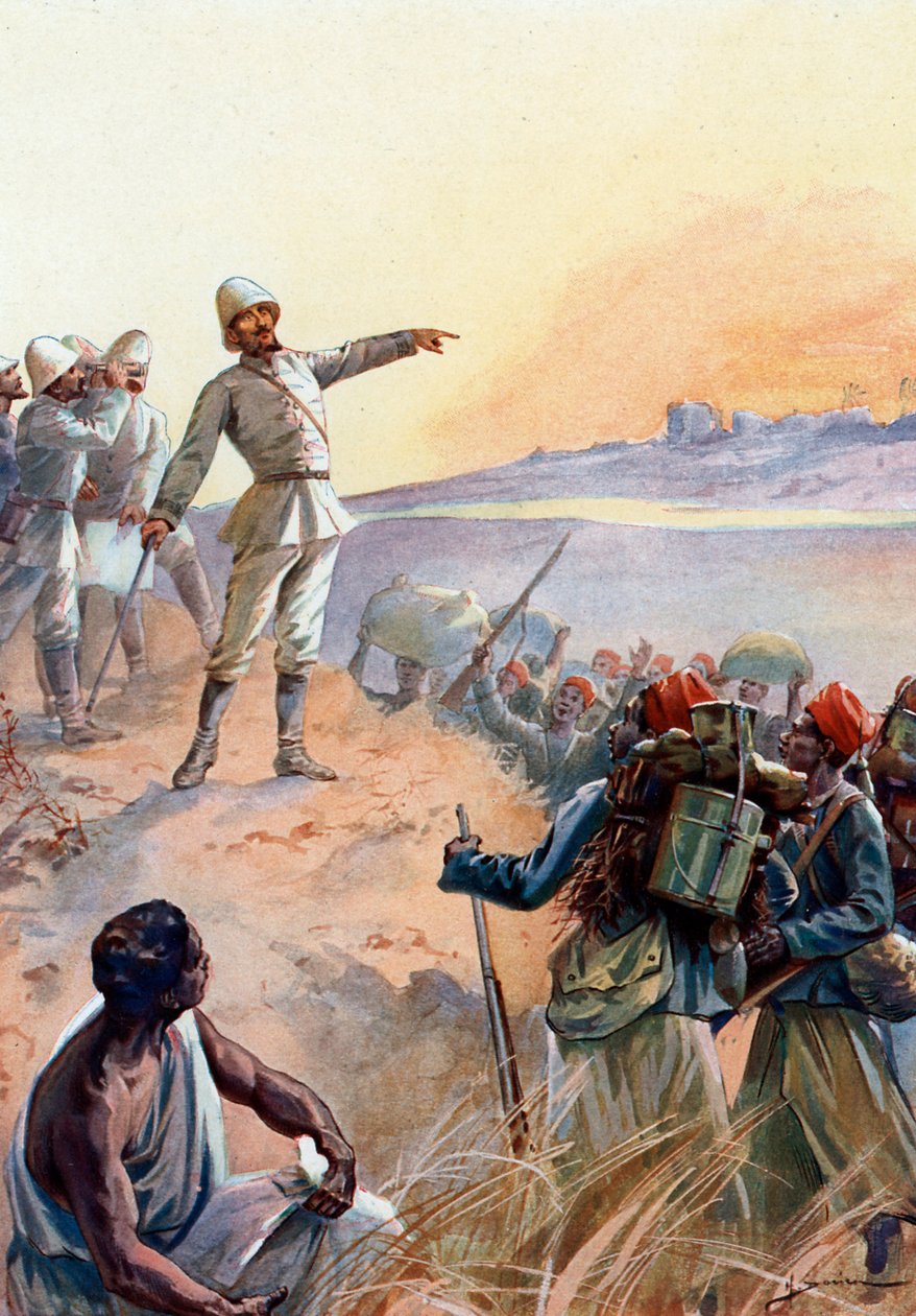 Fachoda-krise: Kaptajn Jean Baptiste Marchand (1863-1934) og hans senegalesiske Tirailleurs marcherer for Fachoda i Sudan for at gøre det til et fransk protektorat, juli 1898” (Fashoda-hændelse: Major Jean-Baptiste Marchand vandrer tværs gennem Afrika med  af Henri Gaston Darien