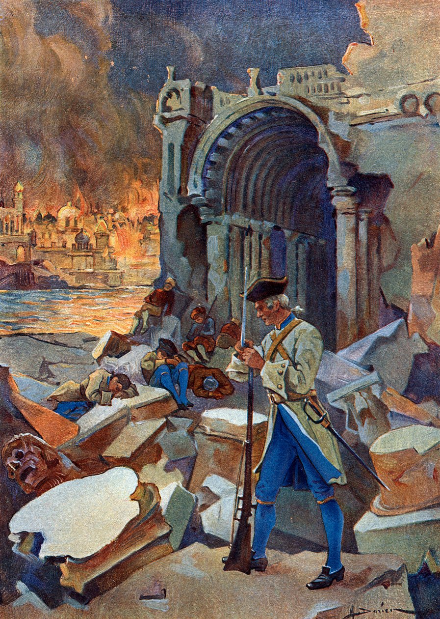 Indisk kampagne (1778-1783): udsigt over slaget ved Trinquemalay i august 1782 ved Ceylon, der modsatte den franske hær af Suffren mod briterne fra admiral Hugues" (amerikansk revolutionær krig: Østindien: slaget ved Trincomalee mellem en britisk flåde af Henri Gaston Darien