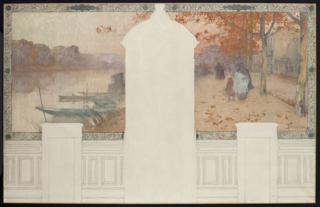 Skitse til rådhuset i Asnières: Autumn, the Seine at Asnières, ca. 1900 (olie på blæk på lærred) af Henri Gaston Darien