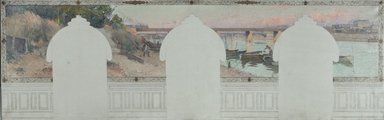 Skitse til rådhuset i Asnières: Sommer. Seinen ved Asnières, ca. 1900 (olie på blæk på lærred) af Henri Gaston Darien