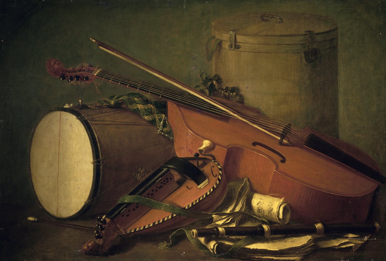 Musical instruments, drum, violin, flute and hurdy-gurdy, by Henri Horace Roland de la Porte (1724-1793). France af Henri Horace Roland Delaporte