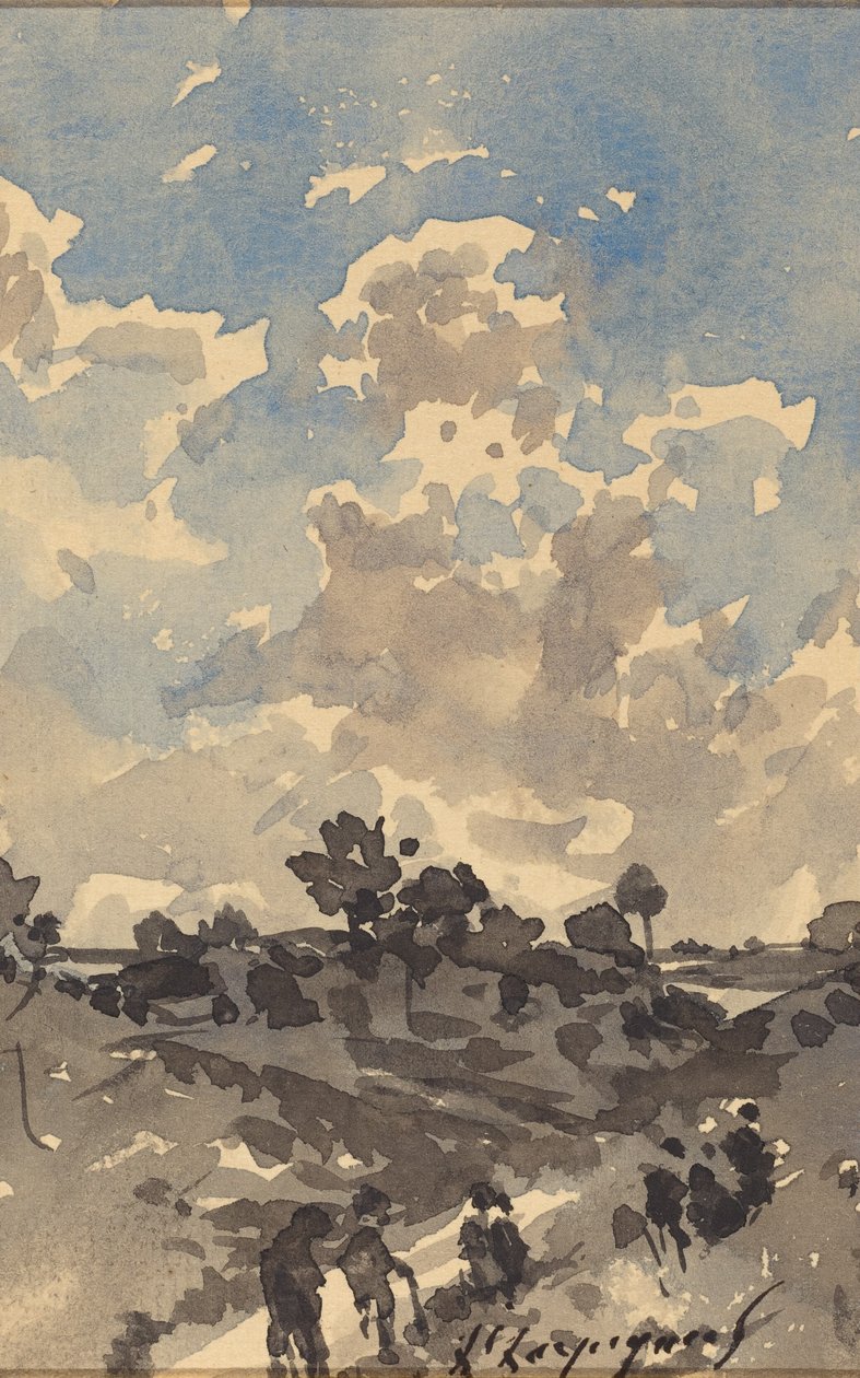 Et landskab med figurer, der går langs en sti af Henri-Joseph Harpignies