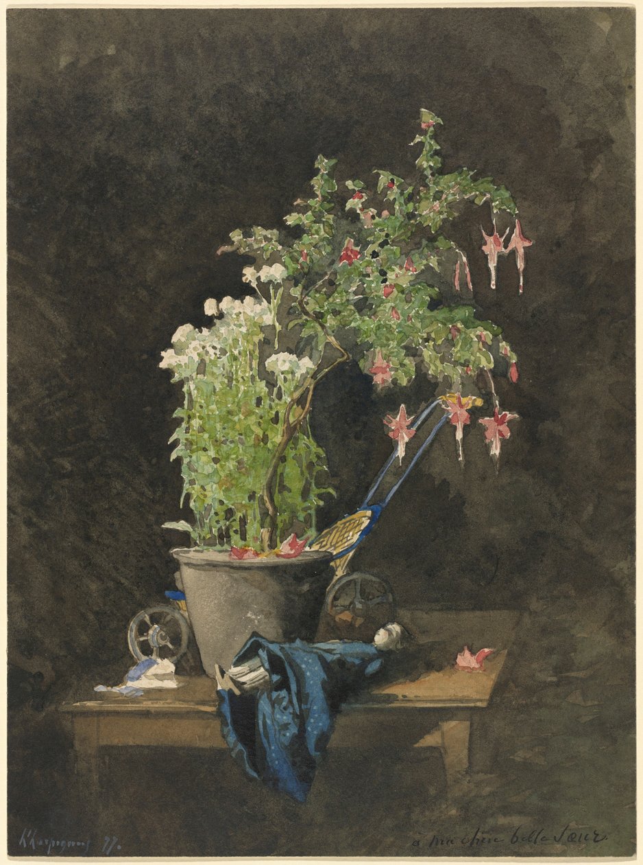 En fuchsia i en krukke med legetøj af Henri-Joseph Harpignies