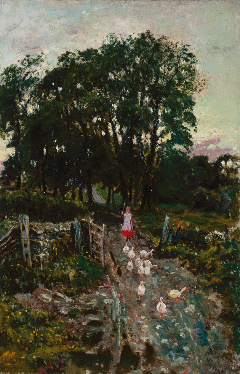 Pige med ænder (olie på lærred) af Henri Joseph Harpignies