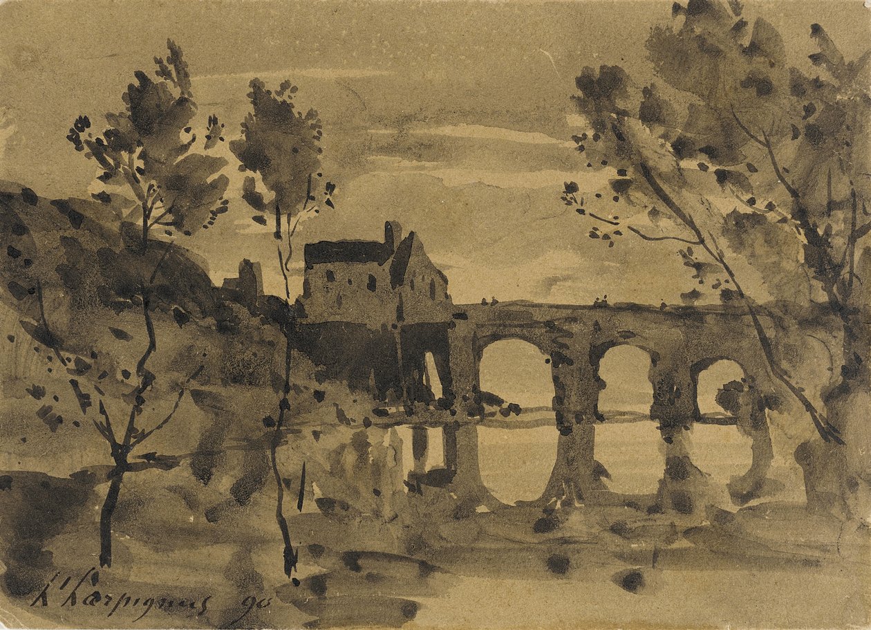 Flodlandskab med bro og hus af Henri-Joseph Harpignies
