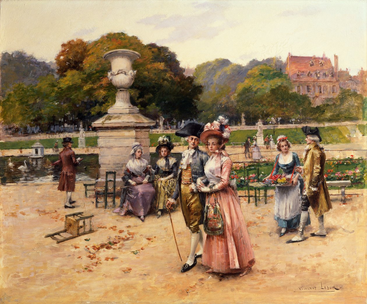 Elegante figurer spadserer i en park (olie på panel) af Henri-Victor Lesur