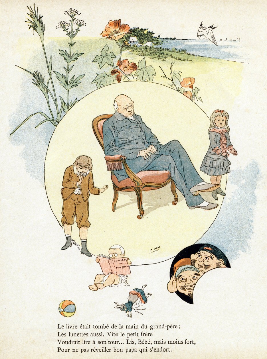 Indgravering i "Alphabet des bons exemples". Jules Levy, redaktør. Illustrationer af Henri Boulanger, a.k.a. Henri Gray. Tekster af fru P. Boulanger. Gravering og tryk af Ch. Gillot, 79 rue Madame, Paris. Omkring 1890. Find i hvert billede det berømte wor af Henri  Gray