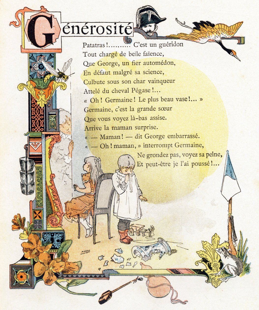 Bogstav G Generosite - Gendarme Grue Guepe Godets Giroflee Gourde Grenouille - Gravering i "Alphabet des bons exemples" - Jules Levy, editeur - Illustrations de Henri Boulanger, alias Henri Gray (1858-1924). Tekster (digte) af Mme P. Boulanger - Gravering  af Henri (1858 1924) Gray