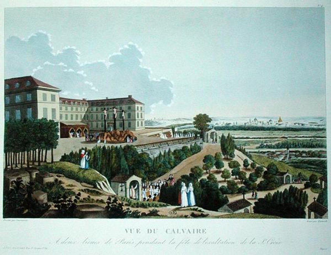 Procession foran en calvarie opført af missionerne ved Mont Valerien, nær Paris, indgraveret af Queverdo af Henri (after) Courvoisier Voisin