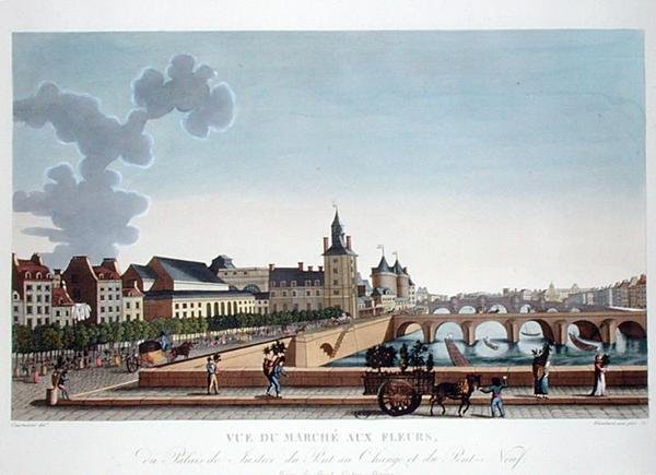 Udsigt over blomstermarkedet ved Palais de Justice, ca. 1816-20 (farvet gravering) af Henri (after) Courvoisier Voisin