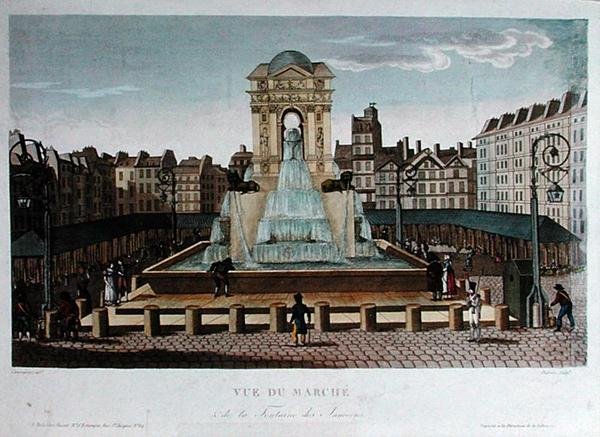 Udsigt over Marche des Innocents, graveret af Eugene Dubois, ca. 1815-20 (farvet gravering) af Henri (after) Courvoisier Voisin