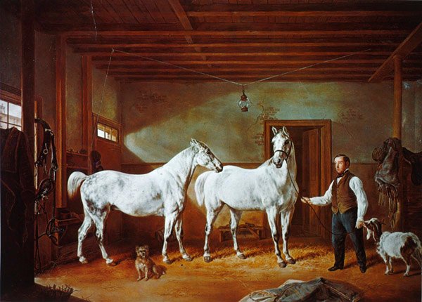 Stald af familien Stuyvesant, ca. 1854 (farve litho) af Henri (after) Delattre
