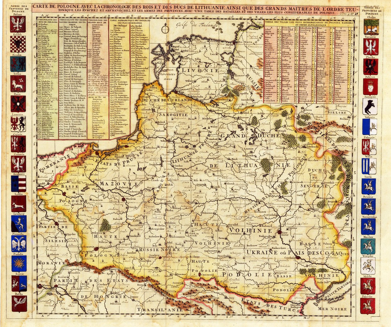 Kort over Polen omfatter dele af Livland og Storhertugdømmet Moskva par Chatelain, Henri Abraham (1684-1743). Radering, akvarel af Henri Abraham Chatelain