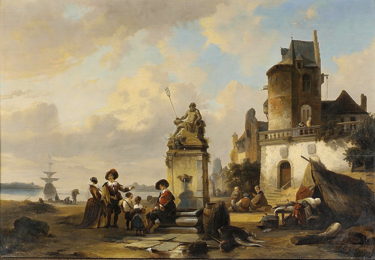 Elegante figurer sidder ved et springvand, en havn udenfor af Henri Adolphe Schaep
