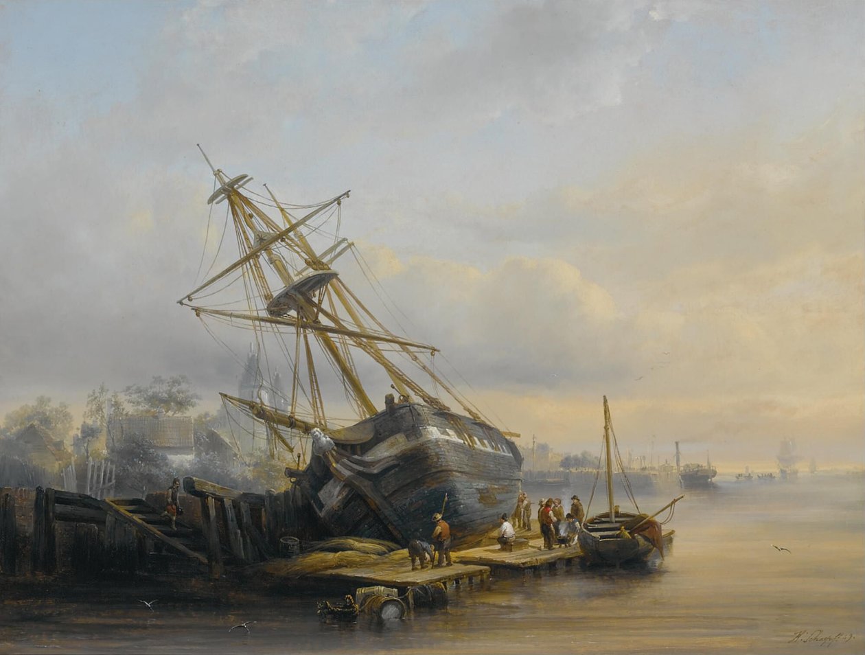 Reparationer på skibsværftet

Alternativ(e) titel(r):  

Figurer på arbejde i en havn af Henri Adolphe Schaep