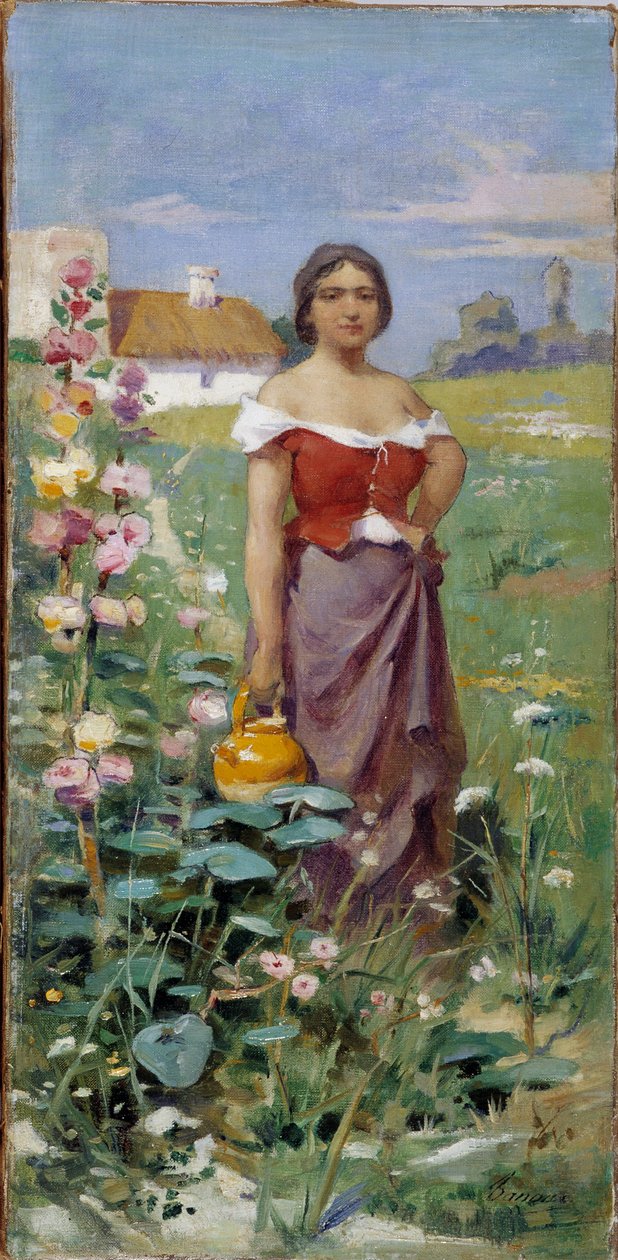 Camargaise en kande Ung kvinde klædt med en sigøjner på en mark. Maleri af Adrien Henri Tanoux (1865-1923) 20. århundrede Obligatorisk omtale: Collection fondation regards de Provence, Marseille af Henri Adrien Tanoux