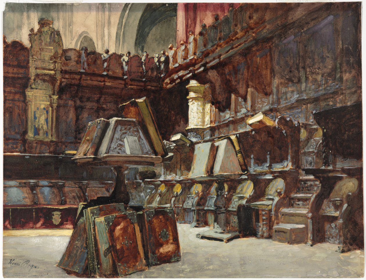 Choir Stalls in a Spanish Cathedral, ca. 1868 (akvarel og gouache med spor af grafit på cremefarvet vævet papir) af Henri Alexandre Georges Regnault
