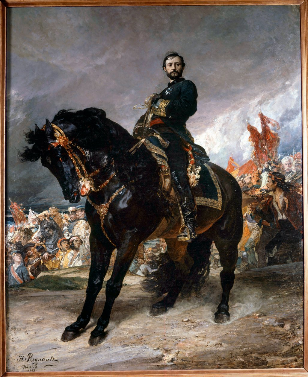 September-revolutionen (Gloriosa): "" General Juan Prim (1843-1871) rider foran Madrid, i spidsen for oprørene fra den spanske revolution den 8. oktober af Henri Alexandre Georges Regnault