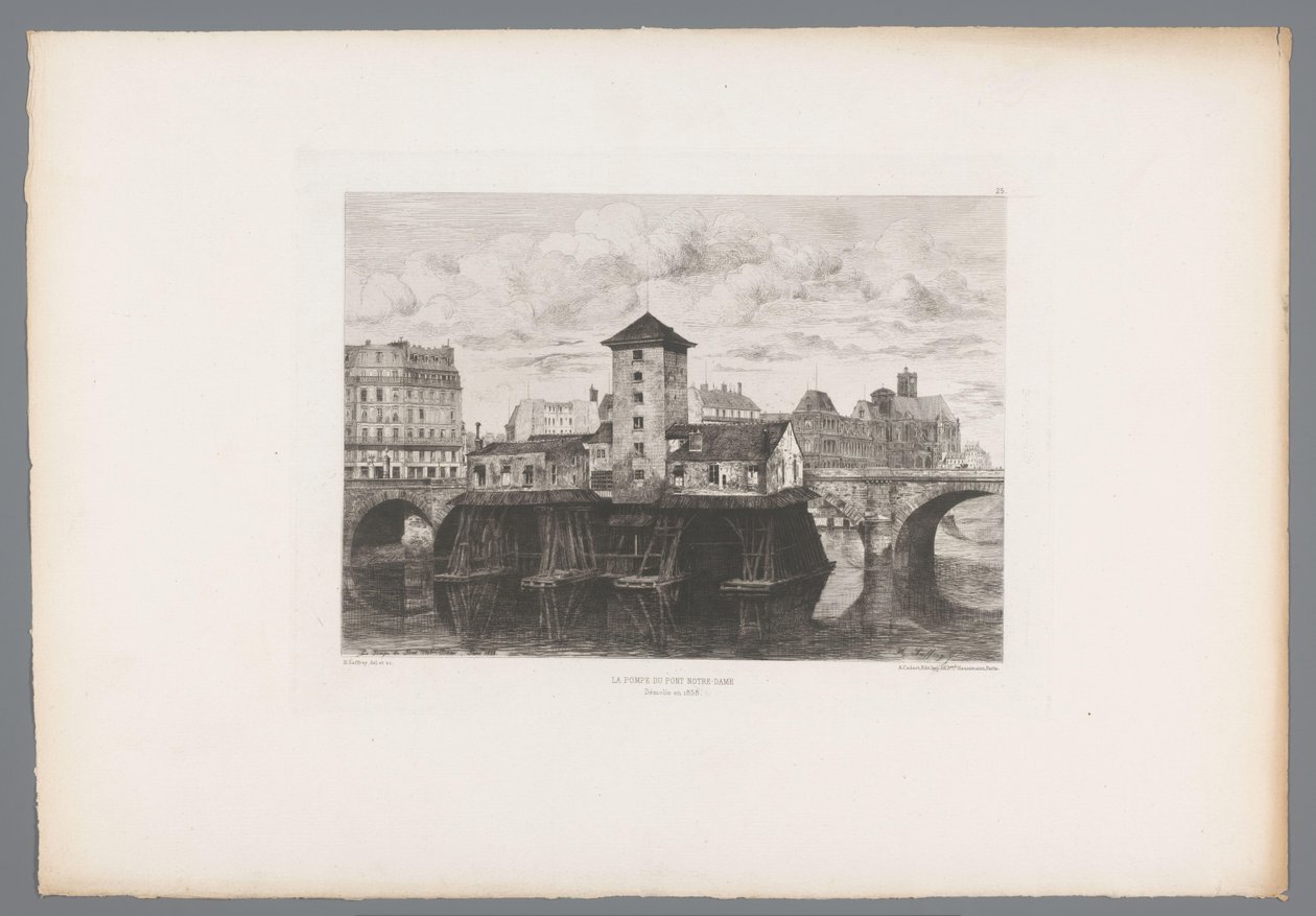 Udsigt på Pont Notre-Dame Pont Notre-Dame pumpen (titel på objekt) Frankrig etsen uit 1875 (serietitel) Radering i 1875 (serietitel) af Henri Alexandre Saffrey