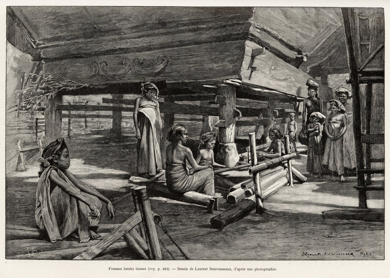 Batak kvinder, Nord Sumatra etnisk gruppe, vævning. Gravering af Laurent Desrousseaux for at illustrere historien "" et år i Malaysia", af Jules Claine (1856-1939), i 1889-1890, i Le tour du Monde 1892, instrueret af Edouard Charton (1807-1891), Hachette,  af Henri Alphonse Louis Laurent Desrousseaux