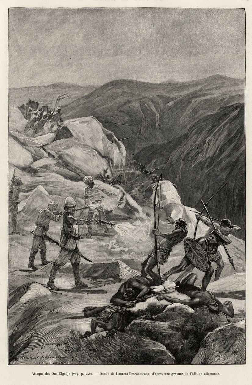 Oua-Elgedjo angreb. Gravering af Laurent Desrousseaux til illustration af historien "" Au secours d