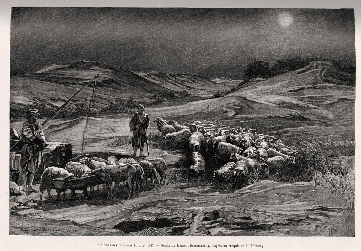 Traileren godt. Gravering af Laurent Desrousseaux til illustration af historien "A travers la Perse meridionale", af C.Babin og F.Houssay, i 1885, i Le tour du Monde 1892, instrueret af Edouard Charton (1807-1891), Hachette, Paris. af Henri Alphonse Louis Laurent Desrousseaux
