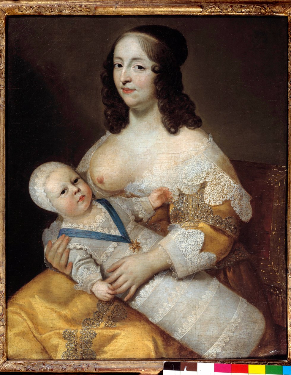 Repræsentation af den fremtidige kong Ludvig XIV (1638-1715) baby, i badedragt i armene på sin sygeplejerske Marie de Longuet de la Giraudiere. Kvindens bryst er opdaget og klar til at amme barnet. Maleri af Charles (1604-1692) og Henri (1603-1677) af Henri Beaubrun