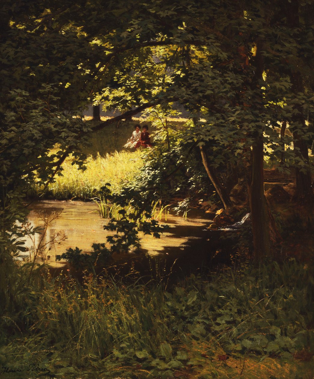 En sommerdag ved floden (olie på lærred) af Henri Biva