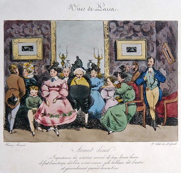 Humoristisk skildring af gæsters adfærd og samtale før middagen, indgraveret af Francois Seraphin Delpech (1778-1825) (farve litho) af Henri Bonaventure (after) Monnier