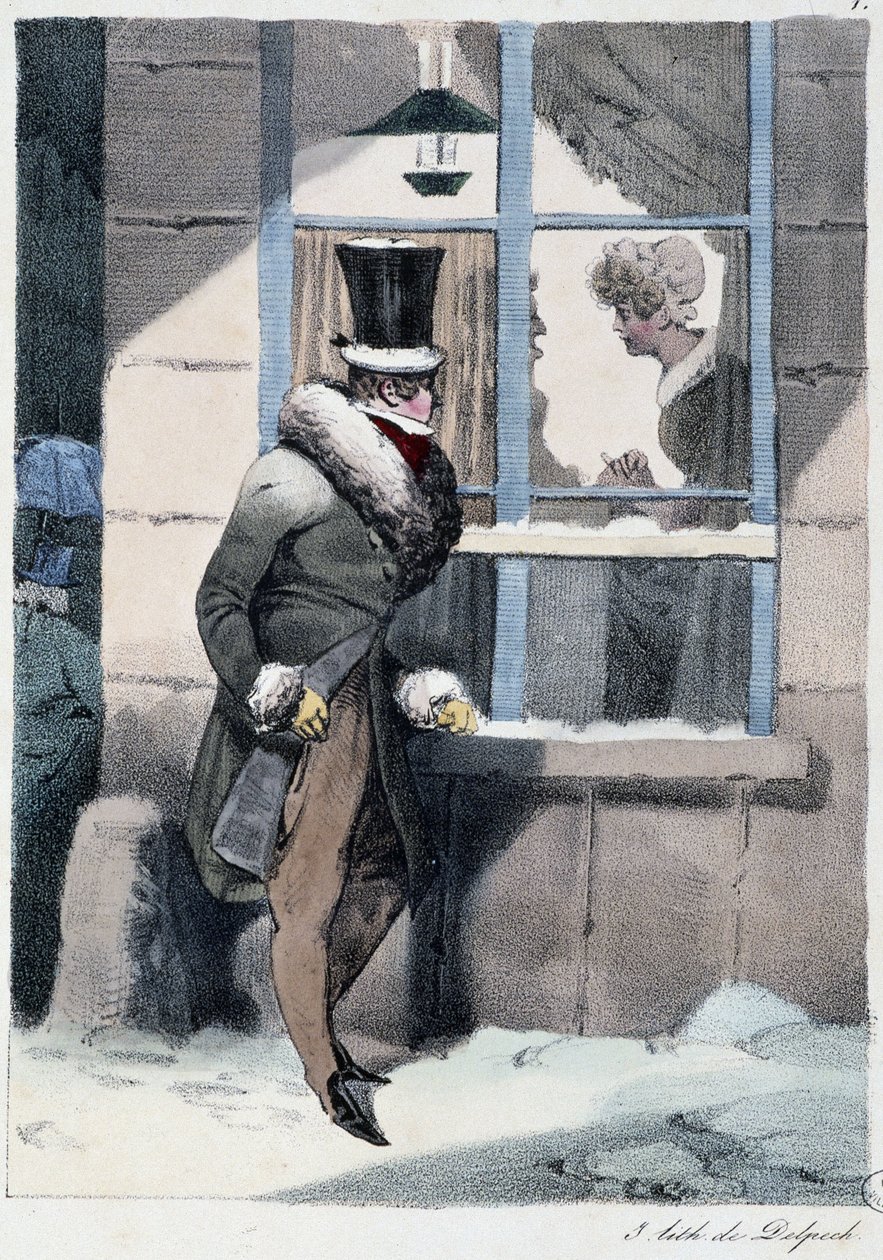 Nysgerrig mand kigger ud af vinduet inde i et hus: "" Alle glæder sig, hvor han finder ham"" - i "" Les pastemps"" af Henri Monnier, red. Delpech, Paris af Henri Bonaventure Monnier