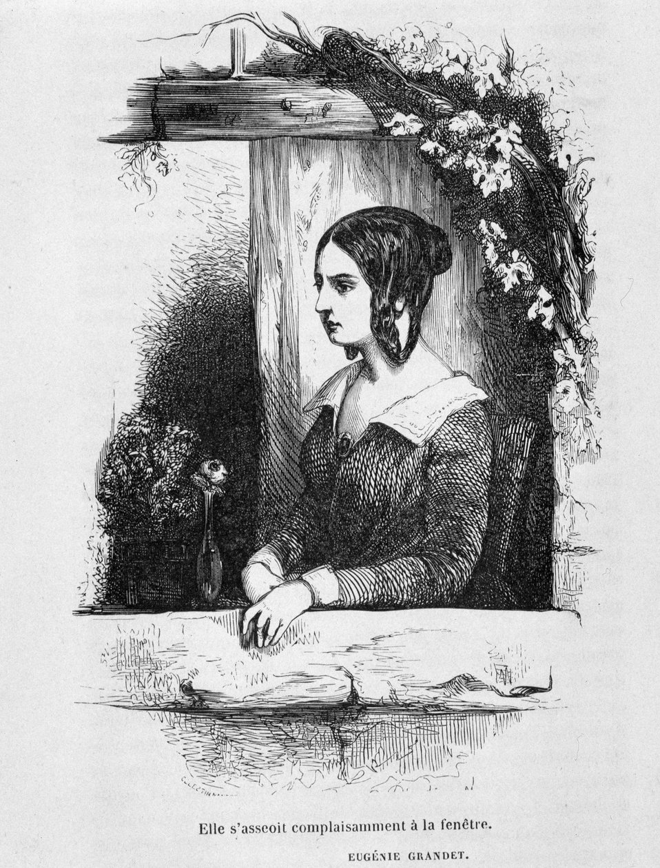 Eugénie Grandet ved hendes vindue - i "" Eugénie Grandet"" af Balzac, ill. Henri Monnier, original udgave af 1843 af Henri Bonaventure Monnier