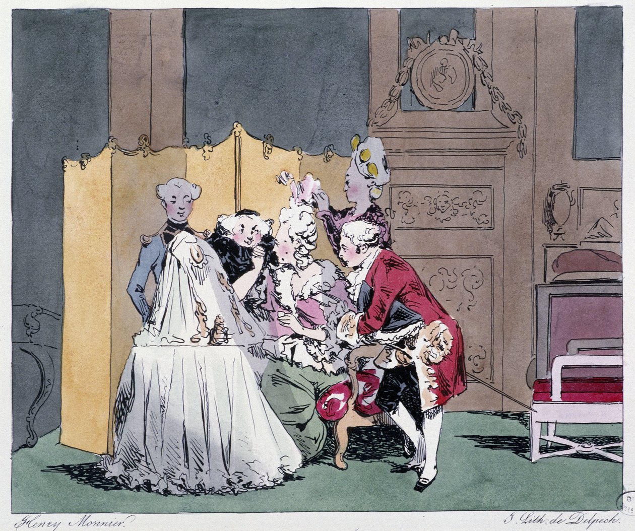 Toilettet (frisørscenen) i 1700-tallet - i “” Forhen og i dag”” af Henri Monnier, red. Delpech, Paris af Henri Bonaventure Monnier