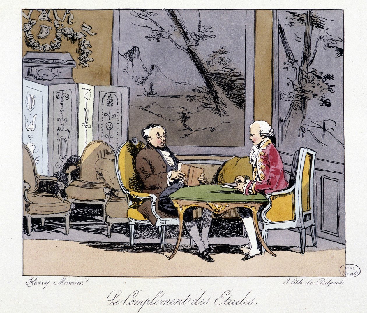 Studiernes komplement: to mænd, der diskuterer i en stue - i “” Tidligere og i dag”” af Henri Monnier, red. Delpech af Henri Bonaventure Monnier