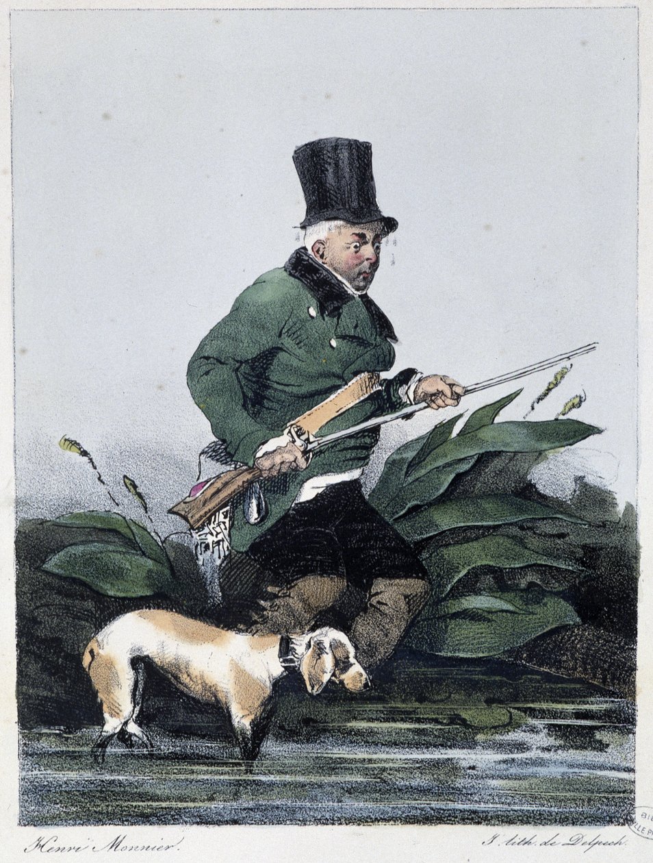 Mand på jagt med sin hund: "" Alle tager sin fornøjelse, hvor han finder ham"" - i "" Les pastemps"" af Henri Monnier, red. Delpech, Paris af Henri Bonaventure Monnier