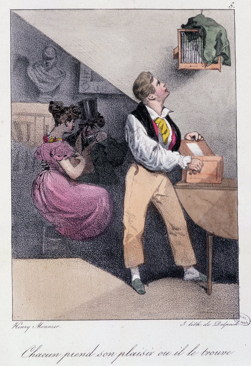 Mand, der opdrætter fugle, mens hans kone snyder ham: "" Alle tager hans fornøjelse, eller han finder ham"" - i "" Les pastemps"" af Henry Monnier, red. Delpech, Paris, v.1830 af Henri Bonaventure Monnier
