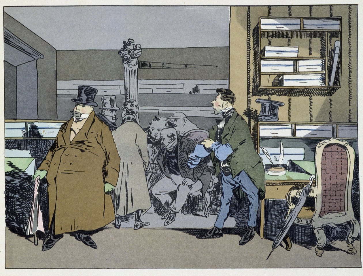 Ni timer: ankomst af medarbejdere, kostumeskifte, rundvisning i lille komfur - i "" Administrative mores"" af Henri Monnier af Henri Bonaventure Monnier