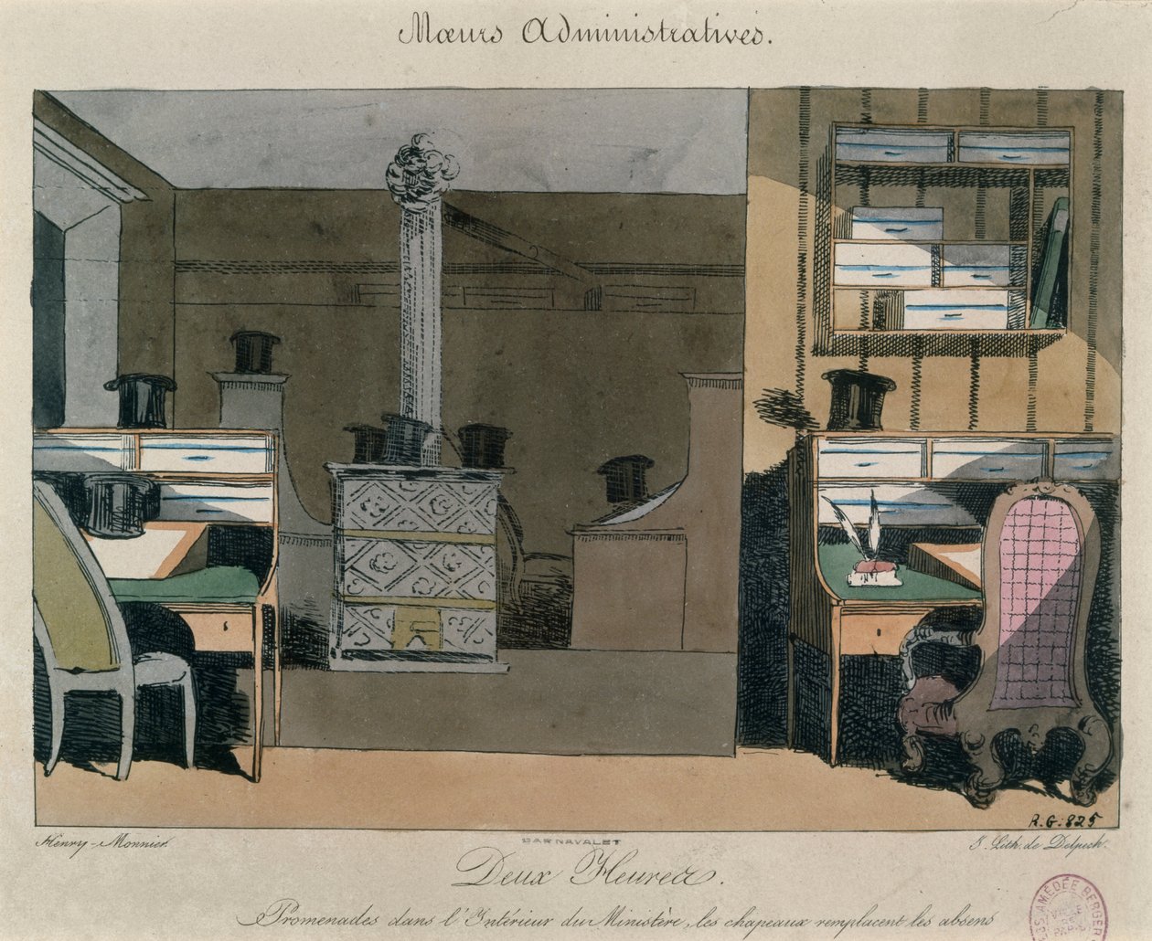 Scene på et parisisk kontor under frokostpausen, ca. 1830 (farvegravering) af Henri Bonaventure Monnier