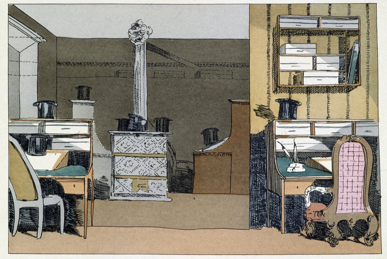 To timer: gåture i det indre af ministeriet, hatte erstatter det fraværende - i "" Administrative mores"" af Henri Monnier af Henri Bonaventure Monnier