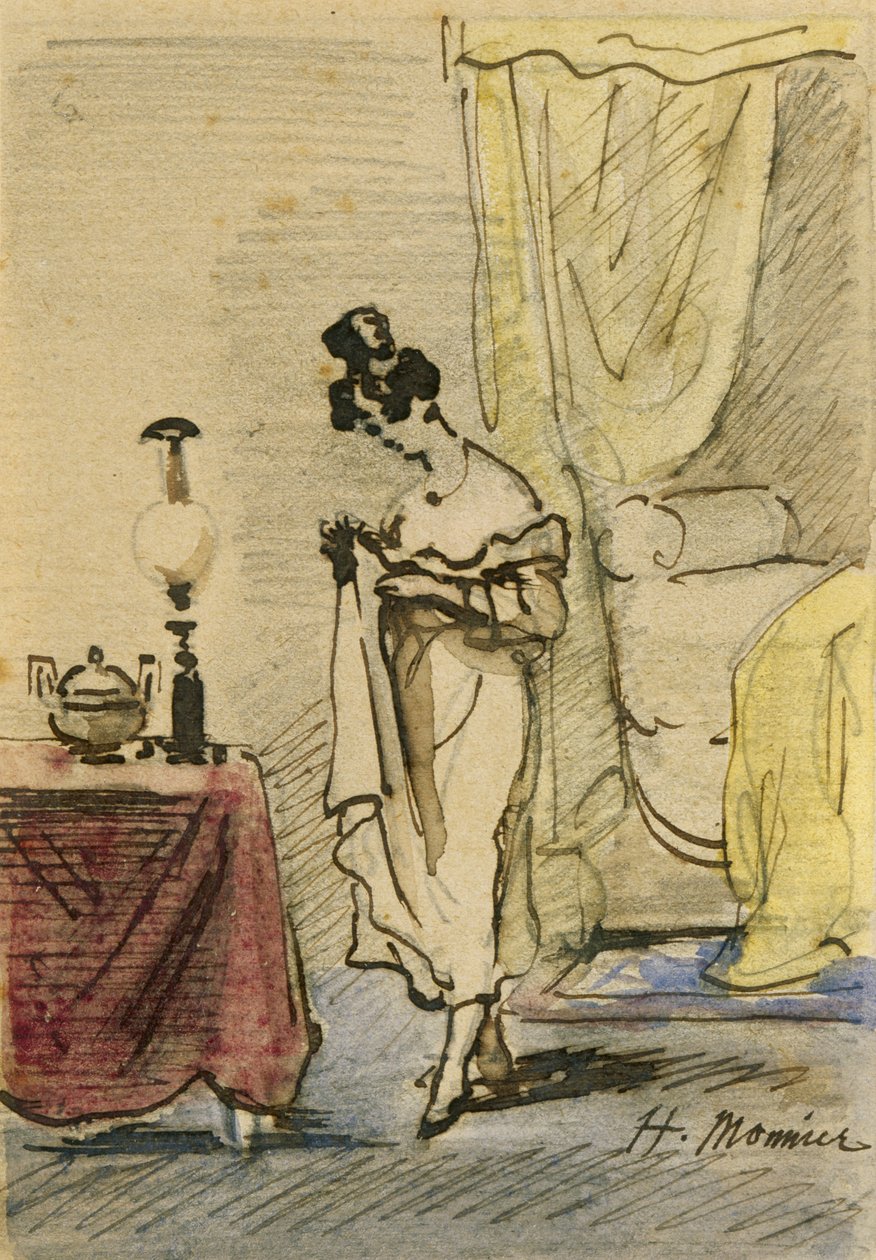 Young Lady at Home (blæk og wc på papir) 2: Young Lady at Home; privatliv; af Henri Bonaventure Monnier