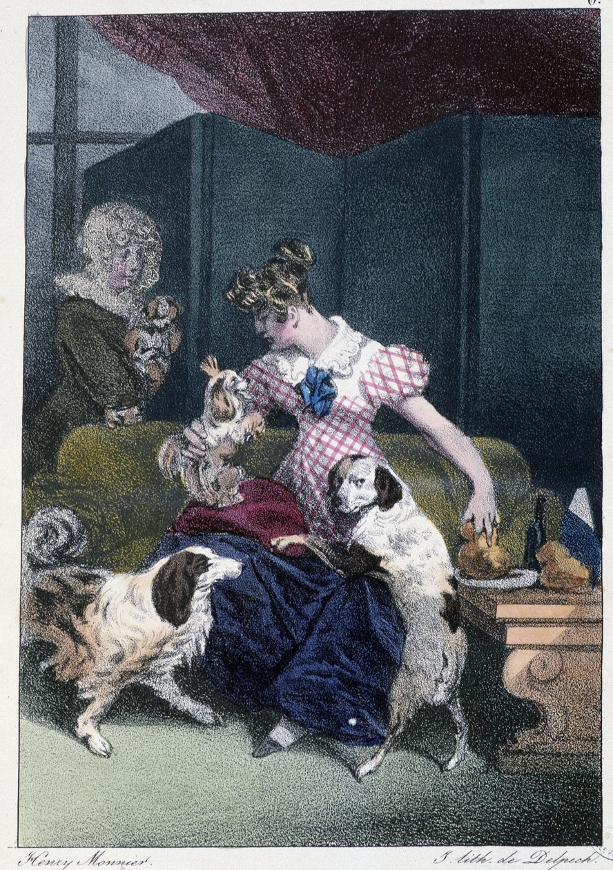 Ung pige med hunde: "" Alle tager sin fornøjelse, hvor han finder ham"" - i "" Les pastemps"" af Henri Monnier, red. Delpech, Paris af Henri Bonaventure Monnier