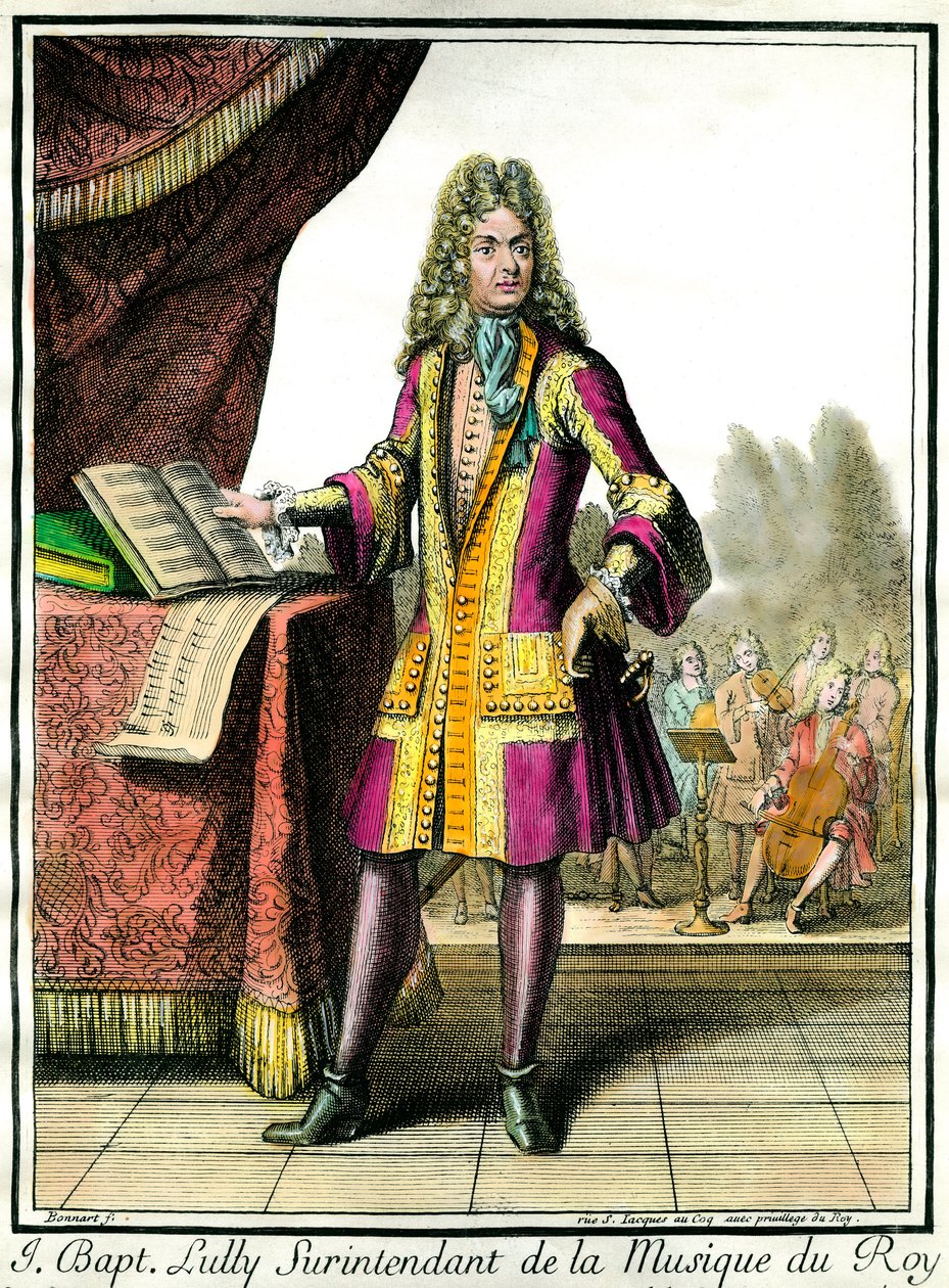 Portræt i foden af Jean Baptiste Lully (Giovanni Battista Lulli) (1632-1687) Inspektør for Kongens Musik Indgravering af Henri Bonnart (1642-1711) af Henri Bonnart
