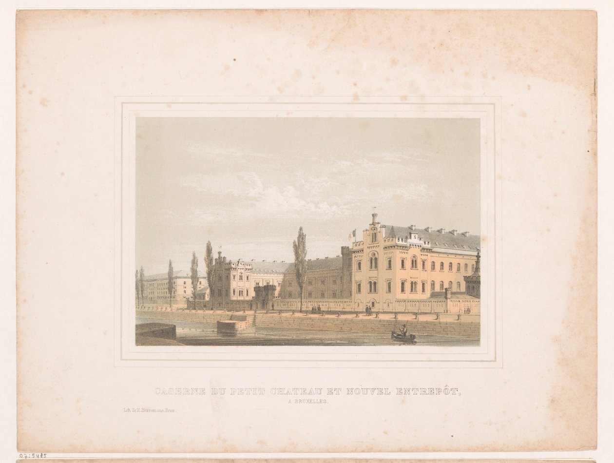 Udsigt over kasernen på Klein Kasteeltje og det nye lager i Bruxelles Caserne du petit chateau et nouvel entrepôt, a Bruxelles (titel på objekt) af Henri Borremans (attributed to)
