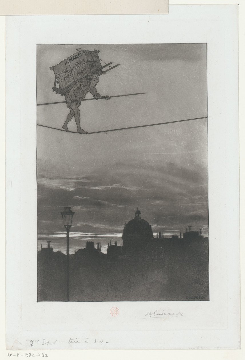 Tightrope rollator med pakke på ryggen over en by Titelside for: Henri Béraldi, Les Graveurs du XIXe siècle (...), 1888 af Henri Charles Guérard (signed by artist)