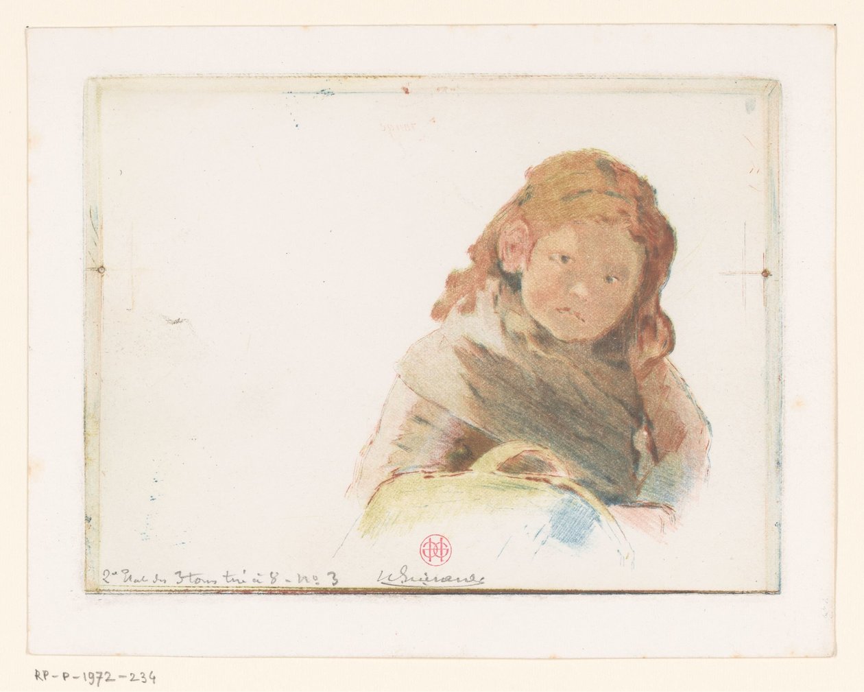 Pige med kurv i en blomstereng af Henri Charles Guérard (signed by artist)