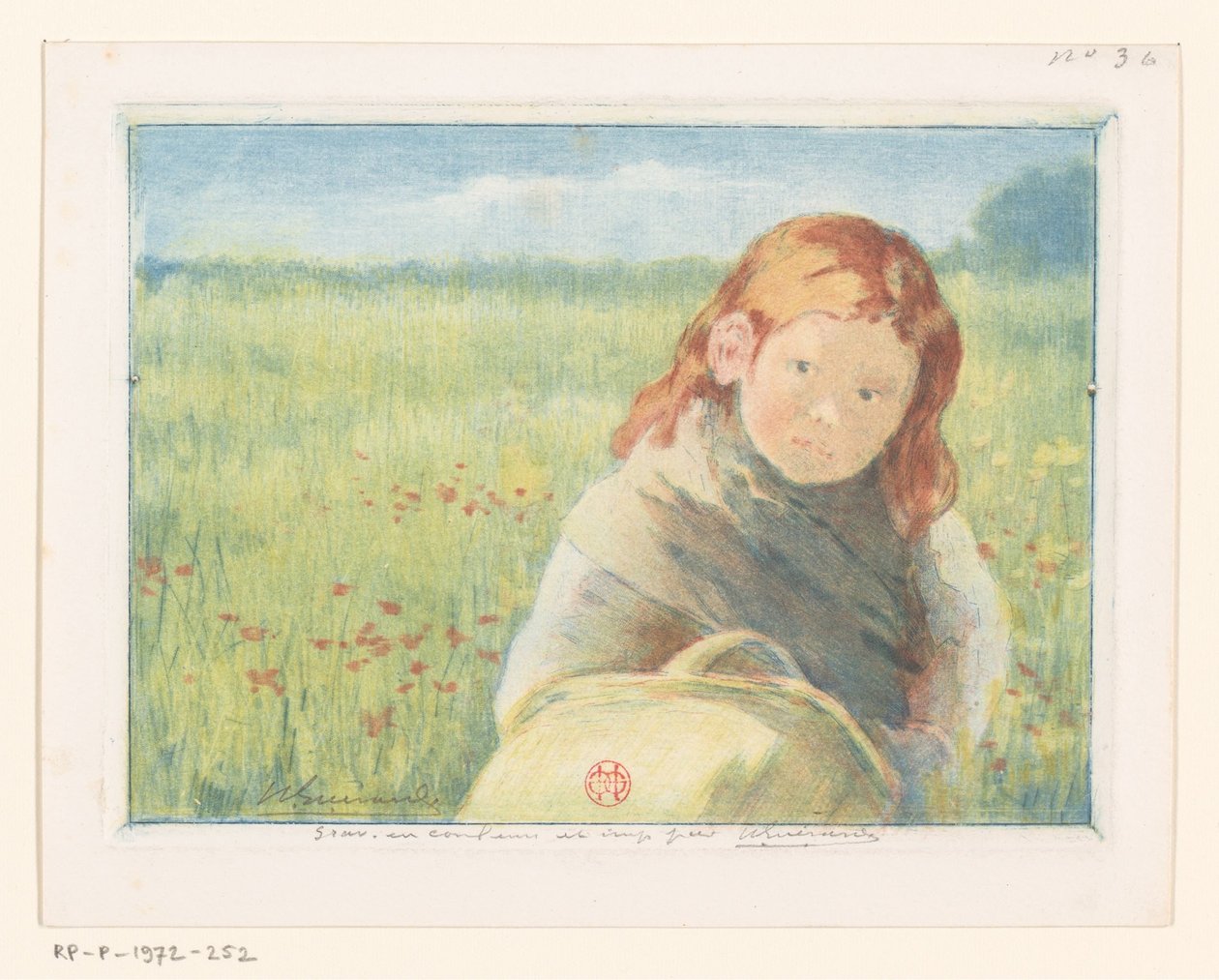 Pige med kurv i en blomstereng af Henri Charles Guérard (signed by artist)