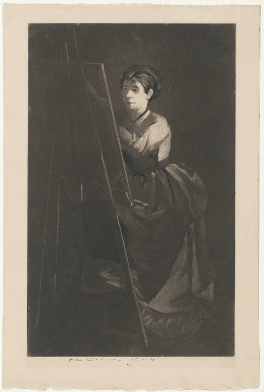 Portræt af Eva Gonzalès foran et staffeli af Henri Charles Guérard (signed by artist)