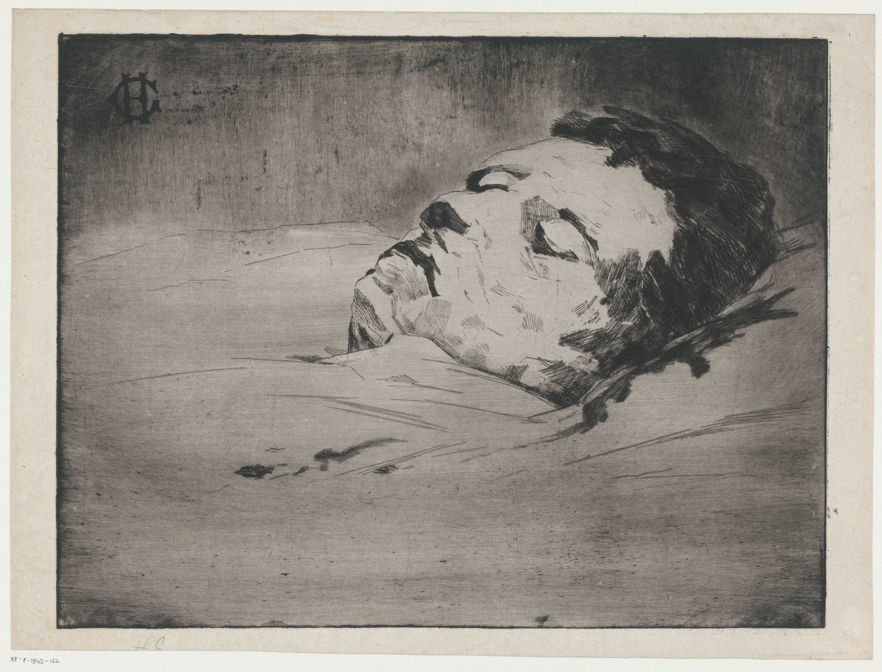Portræt af en ukendt mand på sit dødsleje af Henri Charles Guérard (signed by artist)