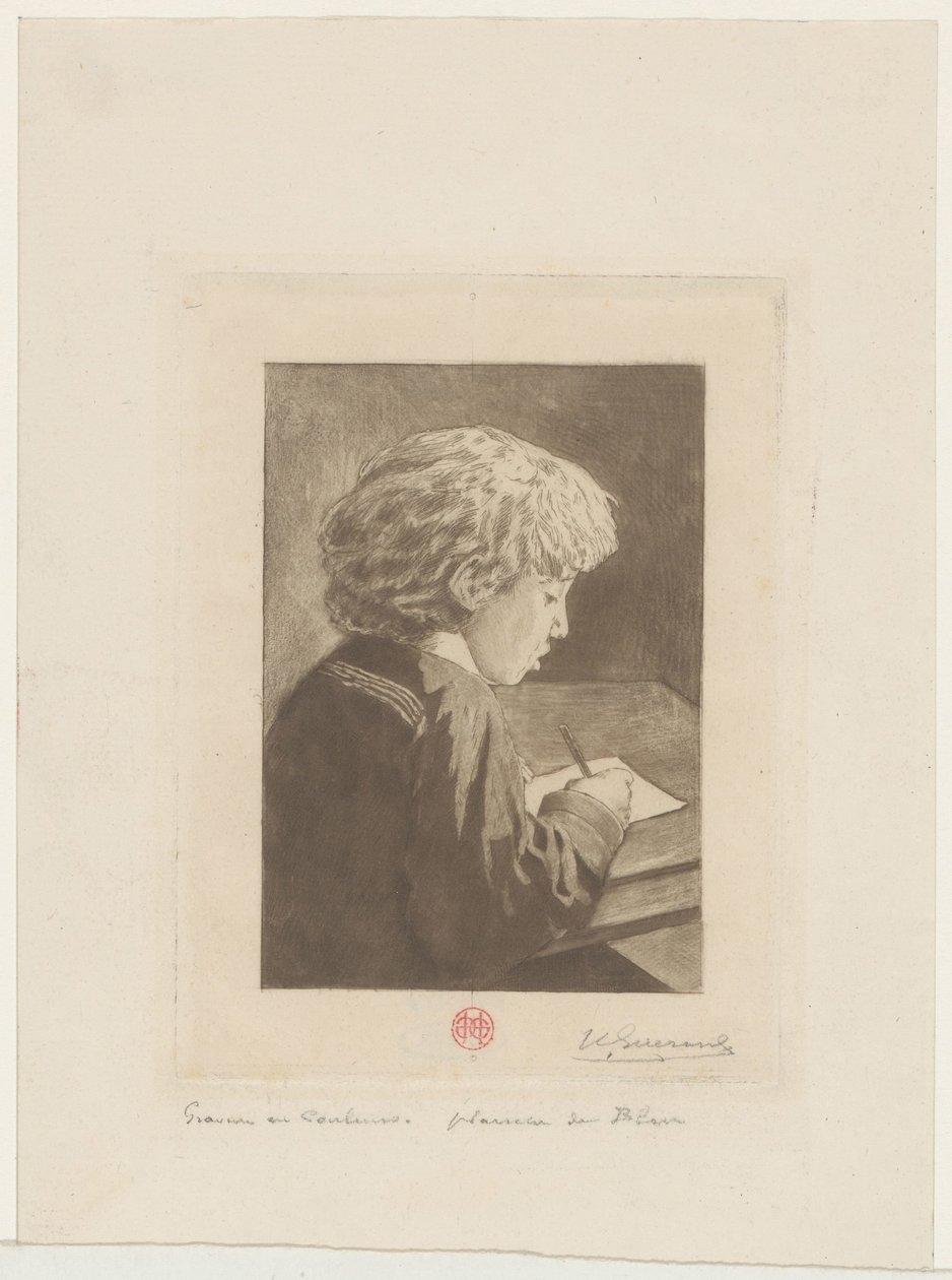 skrivende dreng af Henri Charles Guérard (signed by artist)