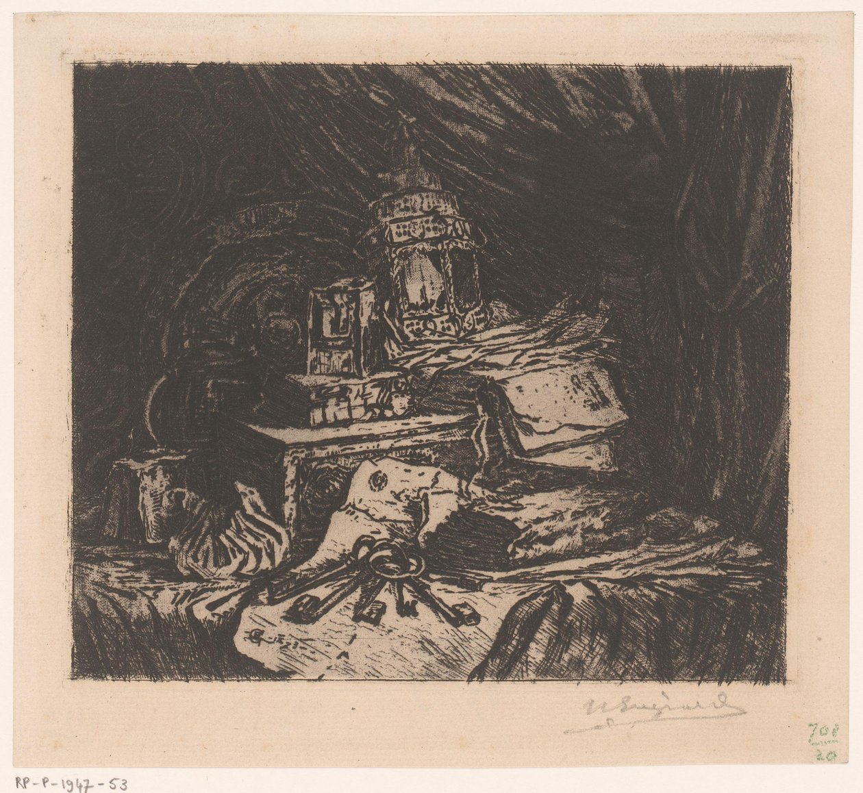 Stilleben med nøgler og lanterne af Henri Charles Guérard (signed by artist)